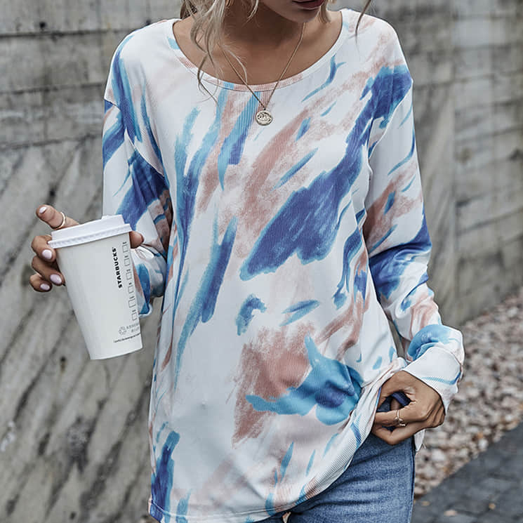 Blue graffiti long-sleeved stitching loose and thin pullover round neck women's T-shirt  | YonPop