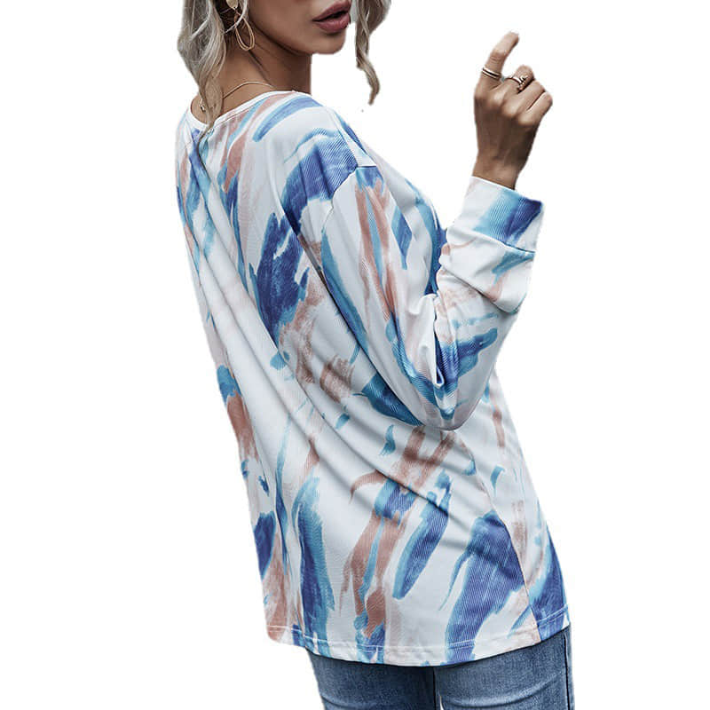 Blue graffiti long-sleeved stitching loose and thin pullover round neck women's T-shirt  | YonPop