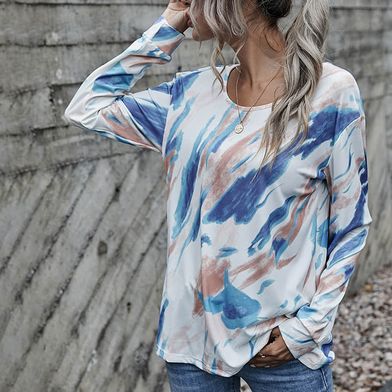 Blue graffiti long-sleeved stitching loose and thin pullover round neck women's T-shirt White / XL | YonPop