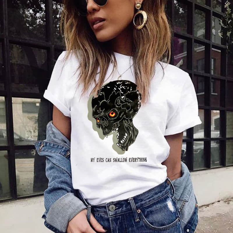 Black hole 3D skull print round neck short sleeve T-shirt women  | YonPop