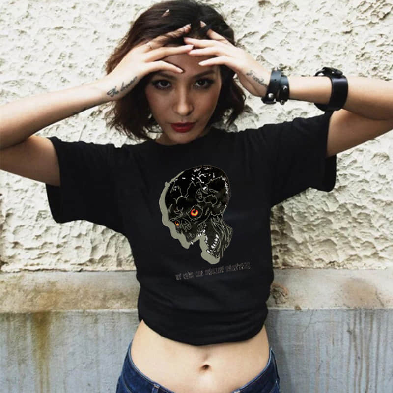Black hole 3D skull print round neck short sleeve T-shirt women Black / 2XL | YonPop