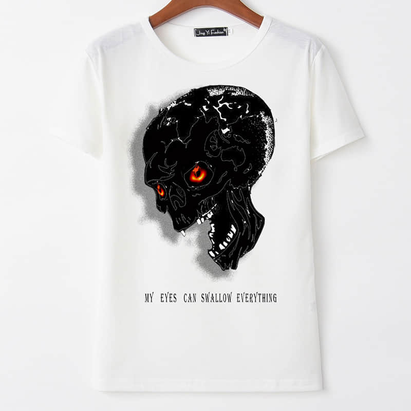 Black hole 3D skull print round neck short sleeve T-shirt women White / 2XL | YonPop