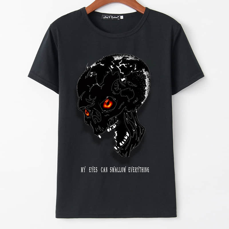 Black hole 3D skull print round neck short sleeve T-shirt women  | YonPop