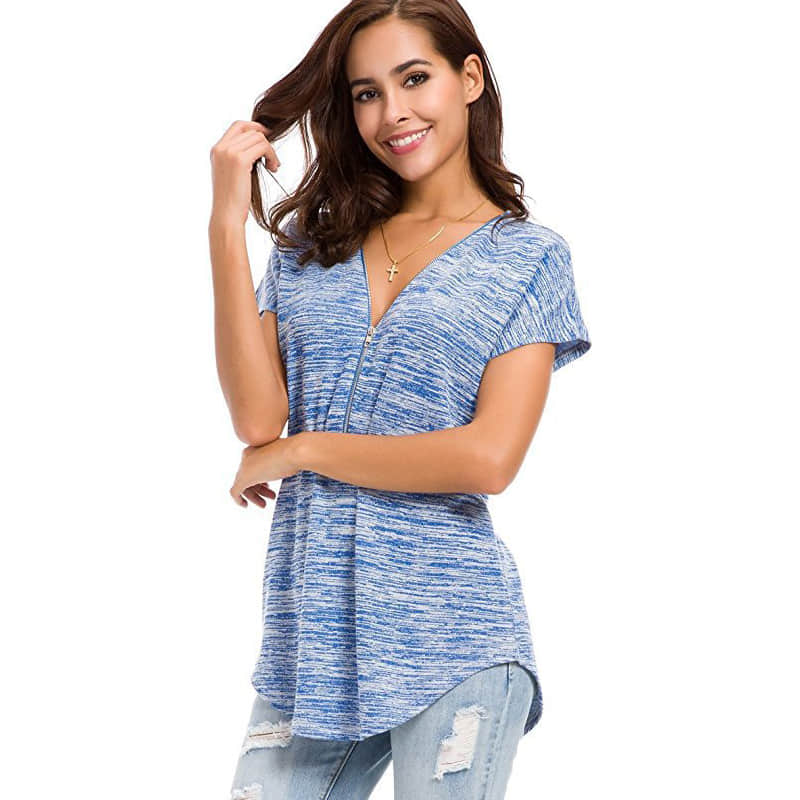 Pure color zipper stitching casual loose V-neck short sleeve women's T-shirt  | YonPop