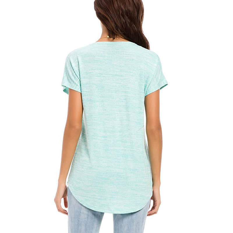 Pure color zipper stitching casual loose V-neck short sleeve women's T-shirt  | YonPop