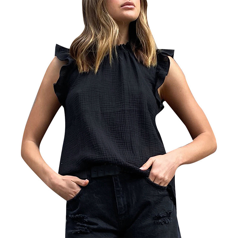 Women's solid color stitching sleeveless top Black / XL | YonPop