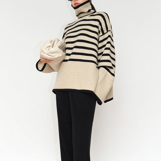 Stripe loose pullover turtleneck sweater