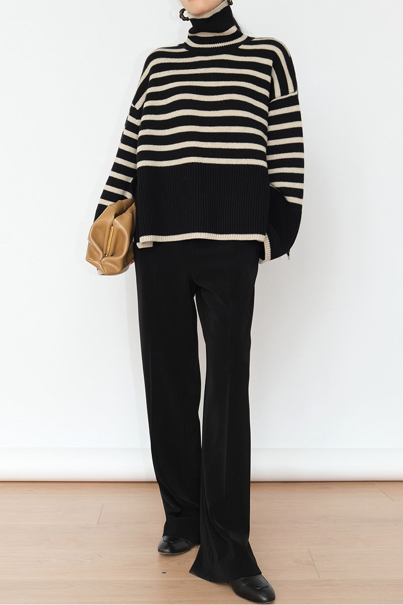 Stripe loose pullover turtleneck sweater