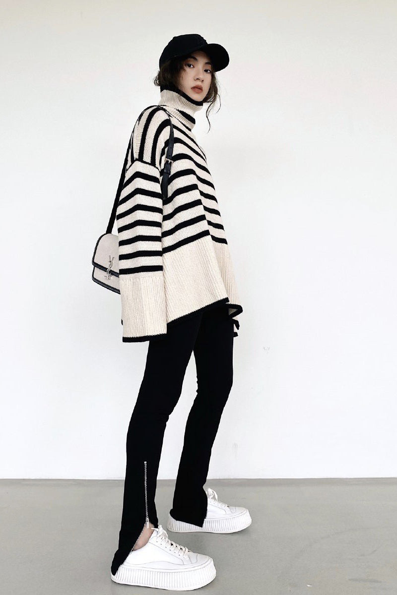 Stripe loose pullover turtleneck sweater