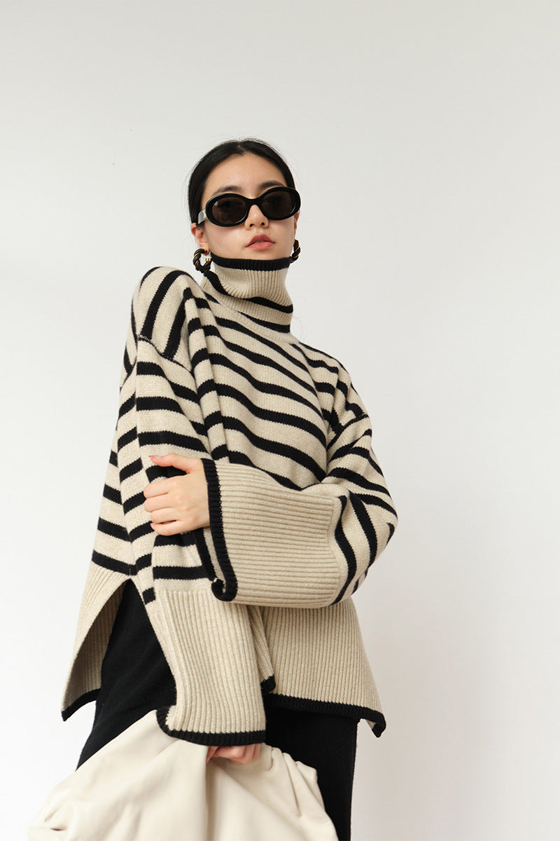 Stripe loose pullover turtleneck sweater