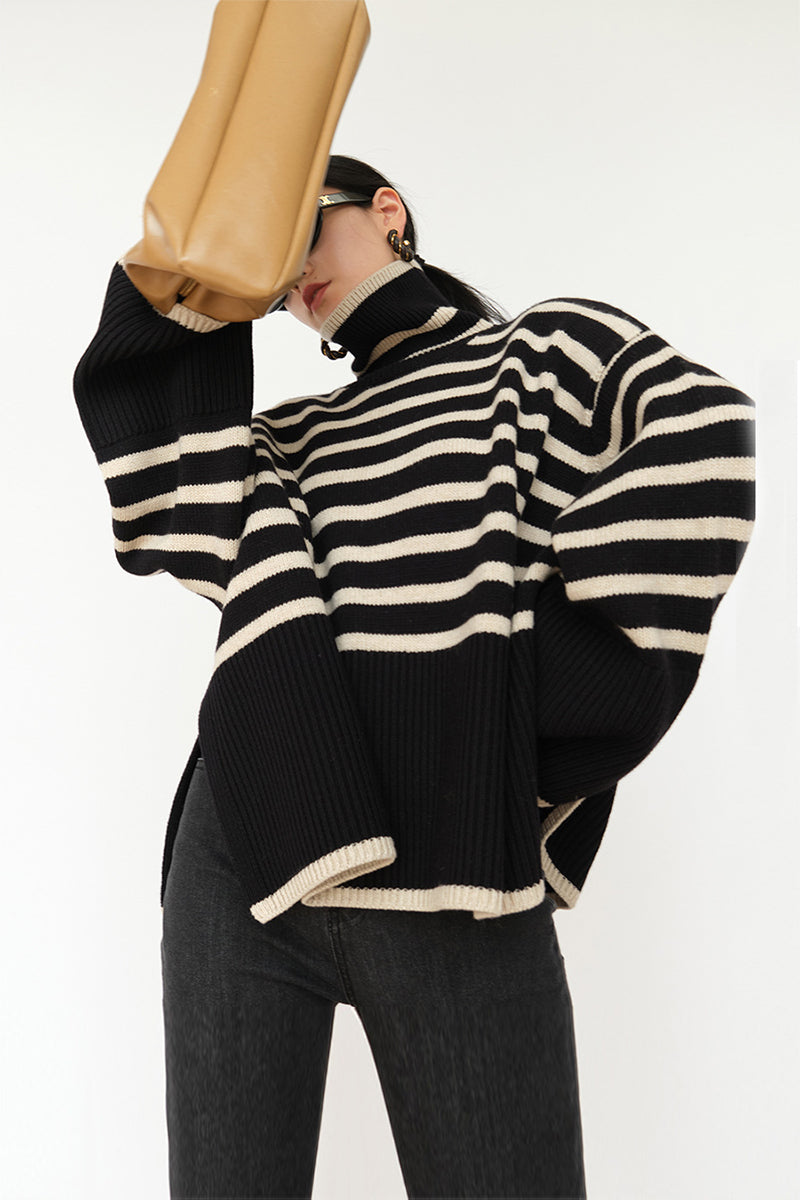 Stripe loose pullover turtleneck sweater