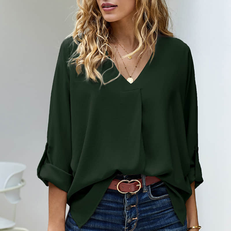 Women's solid color loose pullover shirt fashion top DarkGreen / 2XL | YonPop