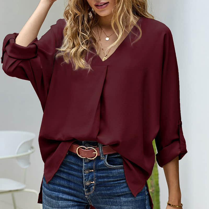 Women's solid color loose pullover shirt fashion top DarkRed / 2XL | YonPop