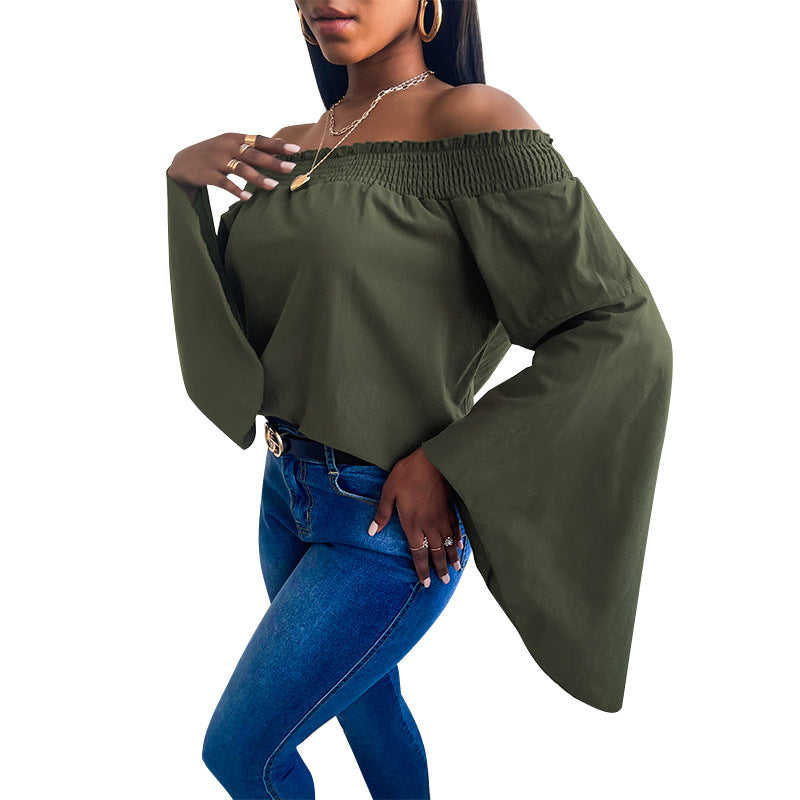 Women's loose long-sleeved solid color strapless top T-shirt OliveDrab / XL | YonPop