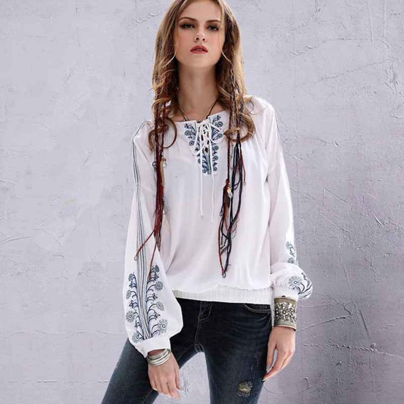 Half-open collar cotton and linen embroidered long-sleeved shirt  | YonPop