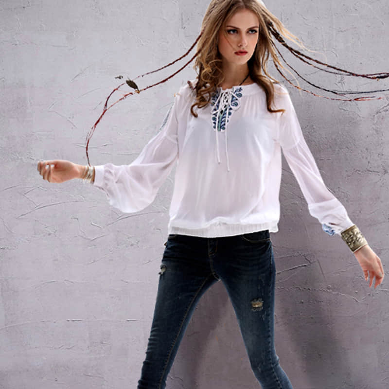Half-open collar cotton and linen embroidered long-sleeved shirt  | YonPop