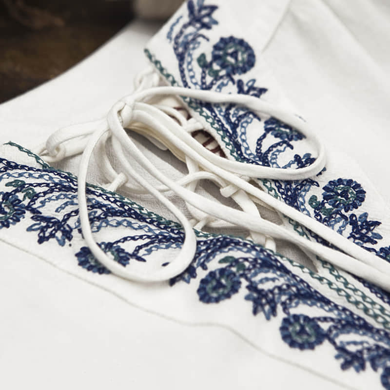 Half-open collar cotton and linen embroidered long-sleeved shirt  | YonPop