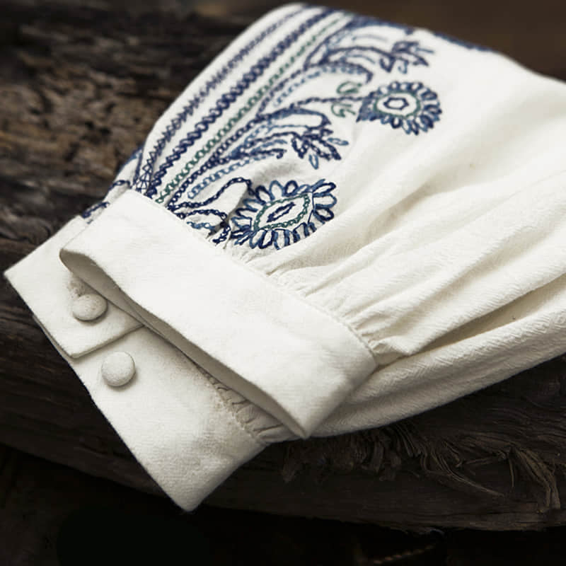 Half-open collar cotton and linen embroidered long-sleeved shirt  | YonPop