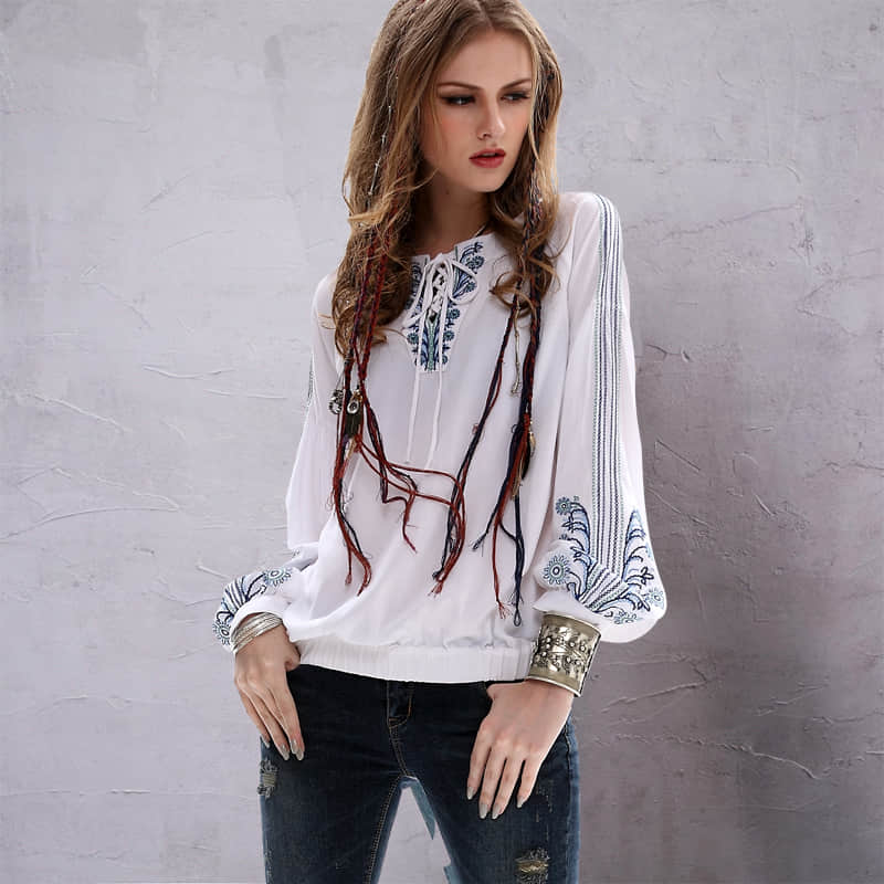 Half-open collar cotton and linen embroidered long-sleeved shirt One size | YonPop