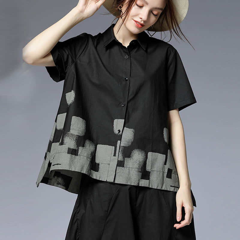 Women's plus size loose printed casual shirt Black / 4XL | YonPop