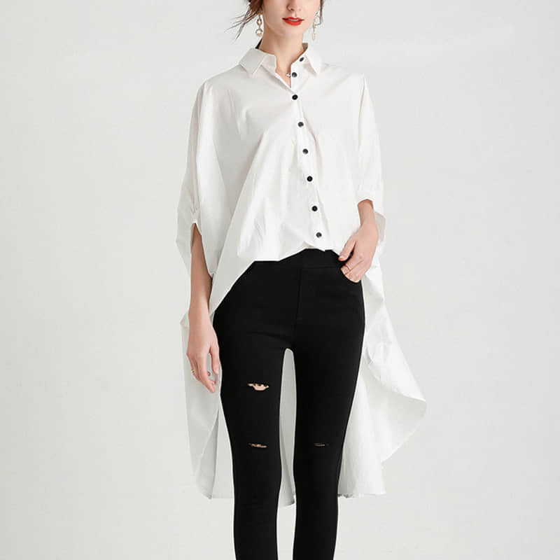 Fashion Lapel Shirt Women's Front Short Back Long Short Sleeve Top White / 2XL | YonPop