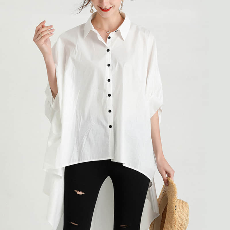 Fashion Lapel Shirt Women's Front Short Back Long Short Sleeve Top White / 3XL | YonPop