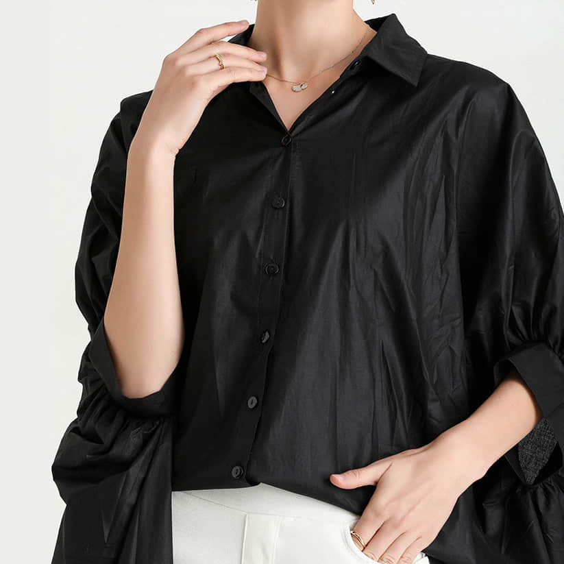 Fashion Lapel Shirt Women's Front Short Back Long Short Sleeve Top Black / 4XL | YonPop