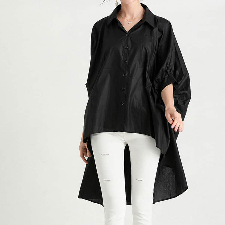 Fashion Lapel Shirt Women's Front Short Back Long Short Sleeve Top Black / 3XL | YonPop
