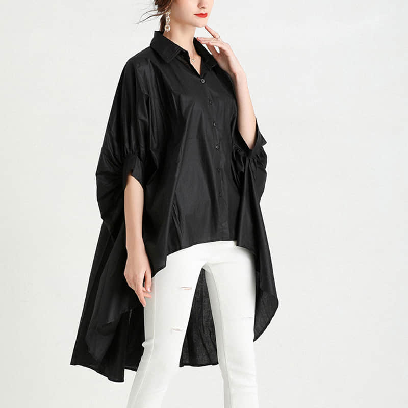 Fashion Lapel Shirt Women's Front Short Back Long Short Sleeve Top Black / 2XL | YonPop