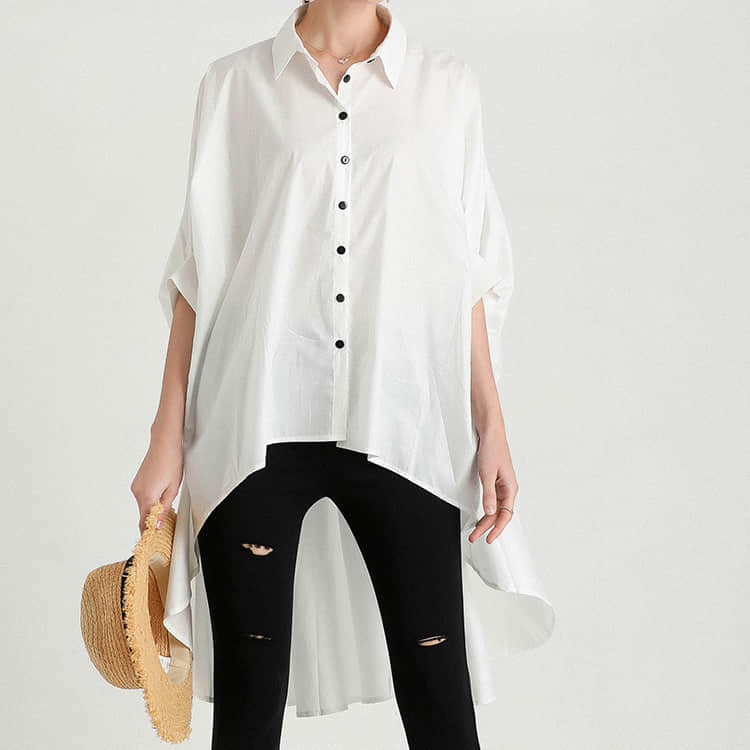 Fashion Lapel Shirt Women's Front Short Back Long Short Sleeve Top White / XL | YonPop