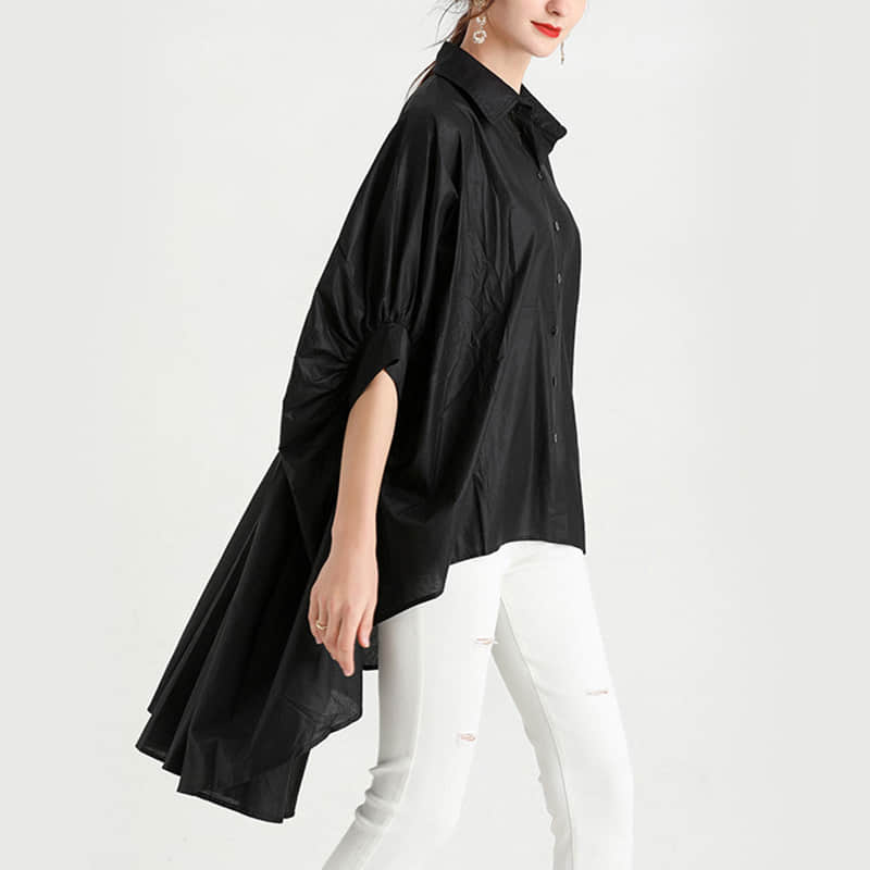 Fashion Lapel Shirt Women's Front Short Back Long Short Sleeve Top Black / XL | YonPop
