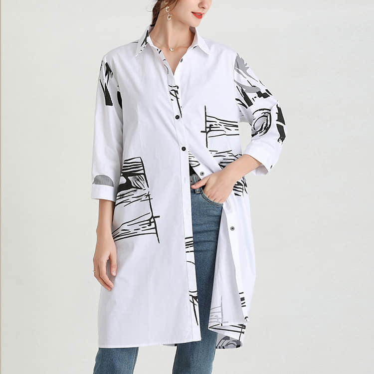 Women's new mid-length printed loose top White / One Size | YonPop