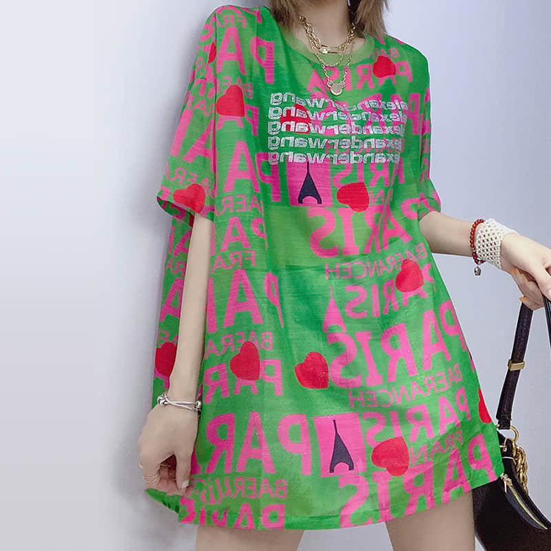 Loose and stylish plus size letter printed T-shirt Green / One Size | YonPop