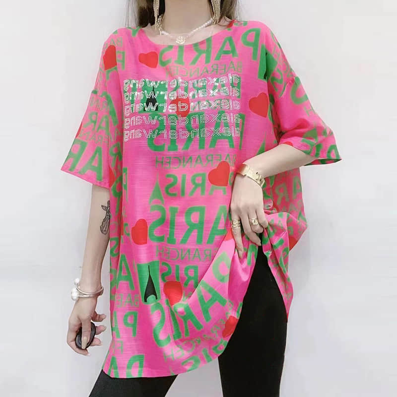 Loose and stylish plus size letter printed T-shirt Pink / One Size | YonPop