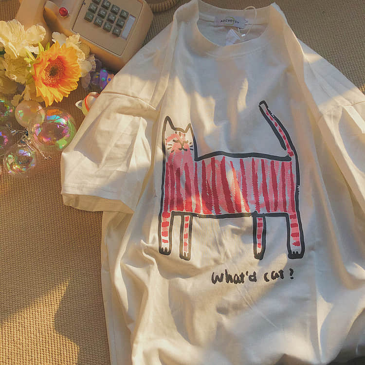 Kitty fun print short-sleeved loves T-shirt White / M | YonPop