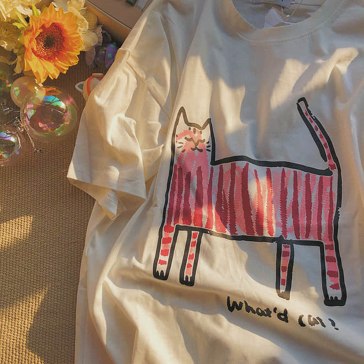 Kitty fun print short-sleeved loves T-shirt White / 2XL | YonPop