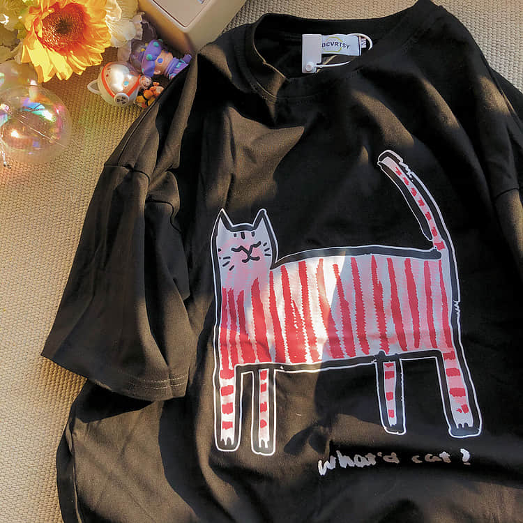 Kitty fun print short-sleeved loves T-shirt Black / 2XL | YonPop