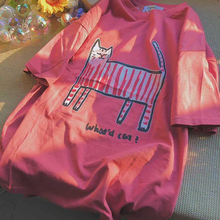 Kitty fun print short-sleeved loves T-shirt Pink / 2XL | YonPop
