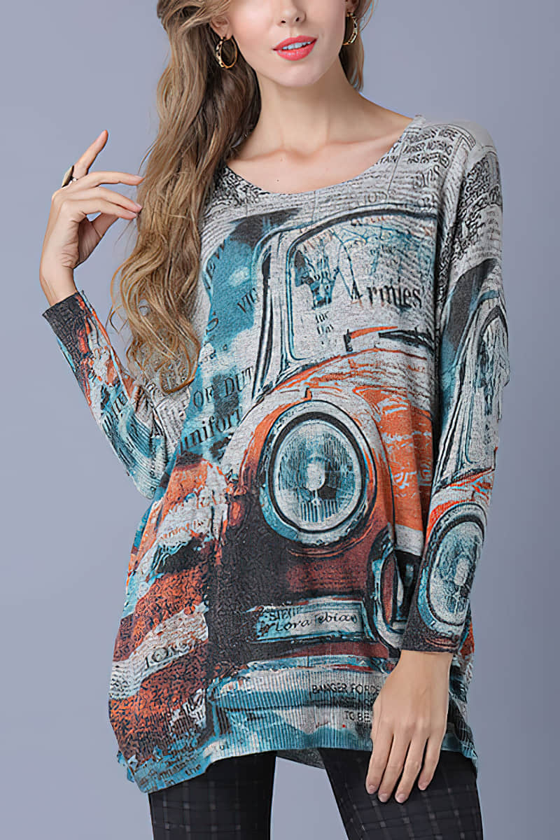 Loose and simple Abstract printed sweater Gray / One Size | YonPop