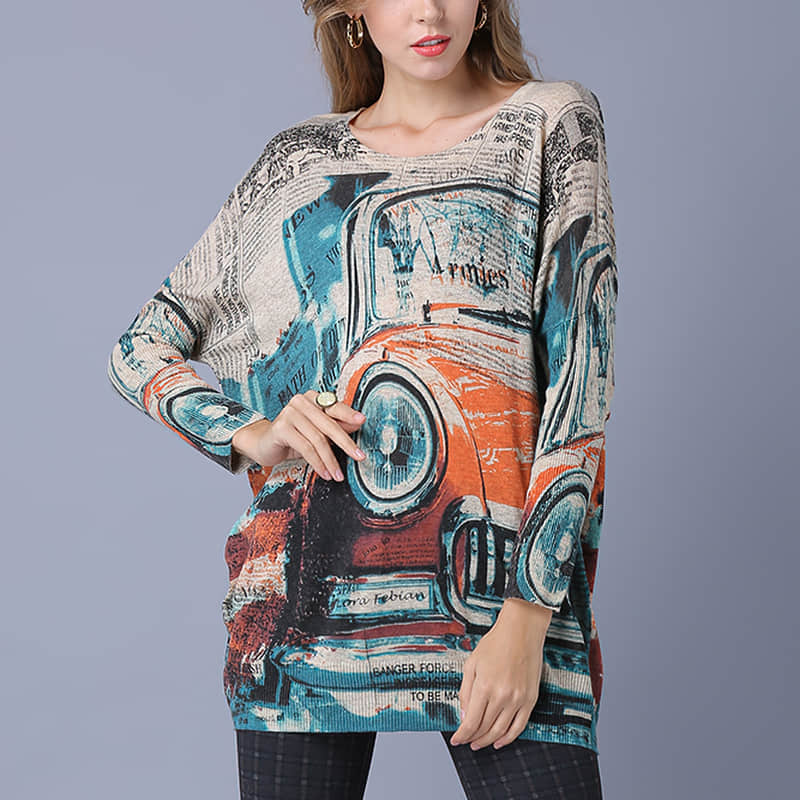 Loose and simple Abstract printed sweater Khaki / One Size | YonPop