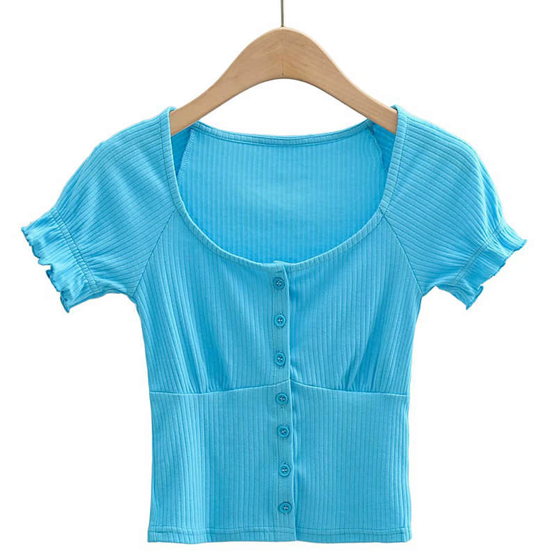 Women's round neck stitching short-sleeved T-shirt Blue / M | YonPop