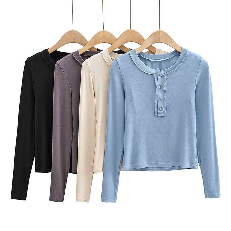 Slim round neck button bottoming shirt long-sleeved T-shirt top  | YonPop