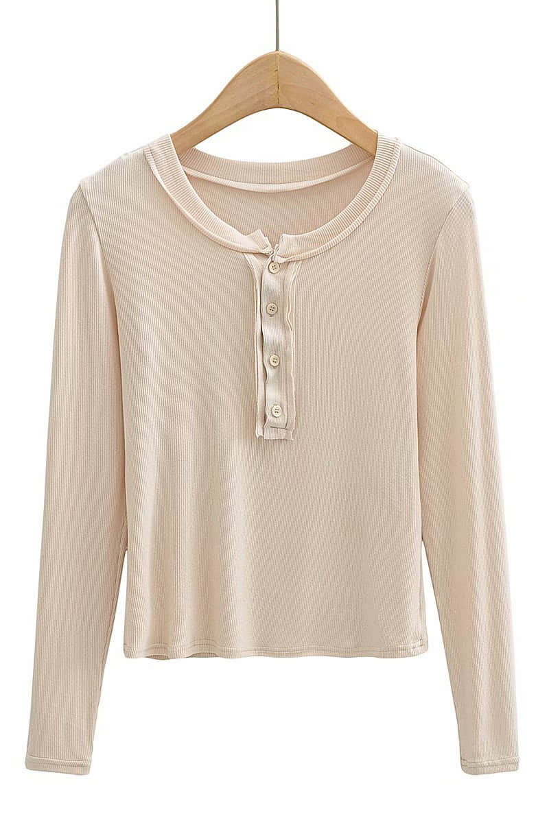 Slim round neck button bottoming shirt long-sleeved T-shirt top Cornsilk / M | YonPop