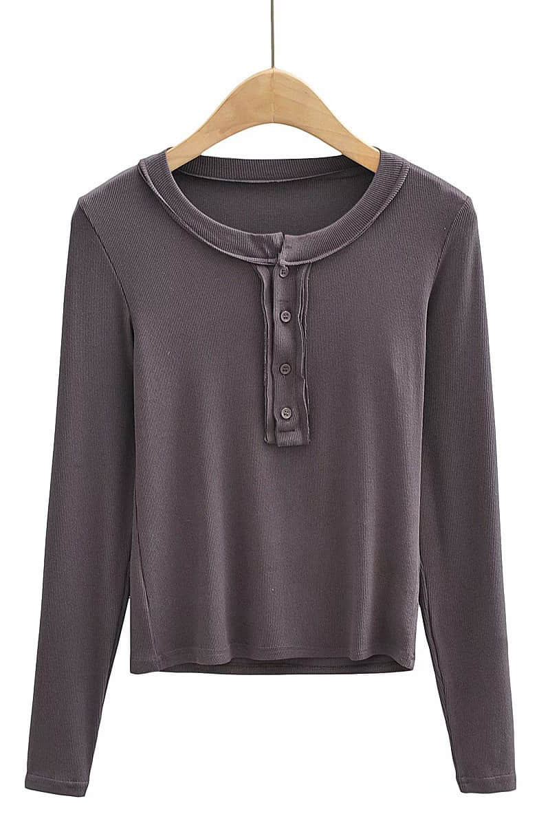 Slim round neck button bottoming shirt long-sleeved T-shirt top RosyBrown / M | YonPop