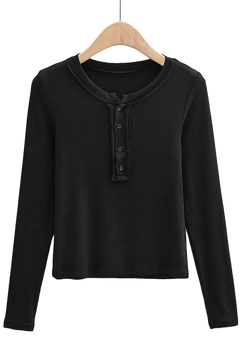 Slim round neck button bottoming shirt long-sleeved T-shirt top Black / M | YonPop