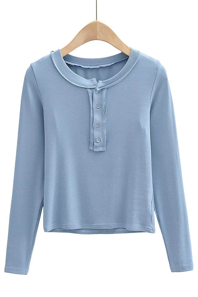 Slim round neck button bottoming shirt long-sleeved T-shirt top LightSkyBlue / S | YonPop