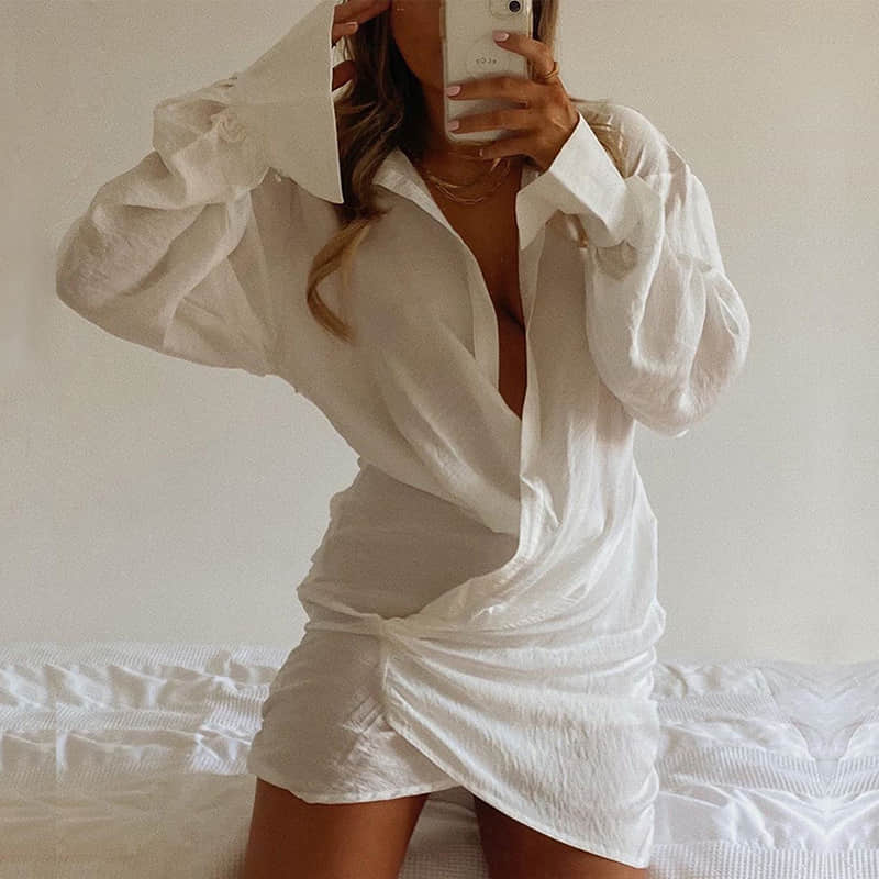 Long sleeve white sexy deep V linen shirt White / L | YonPop