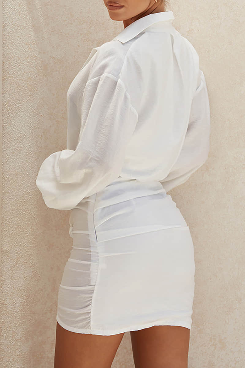 Long sleeve white sexy deep V linen shirt  | YonPop