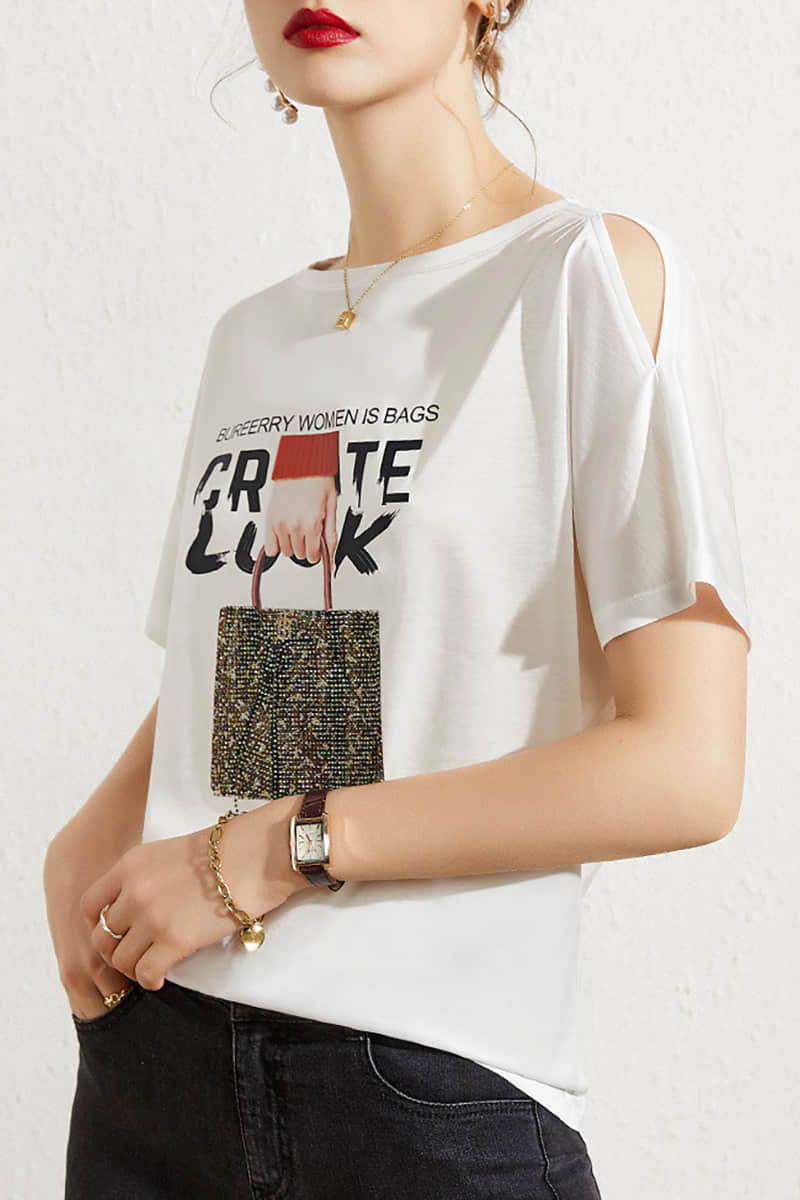 Loose printed off-the-shoulder T-shirt  | YonPop