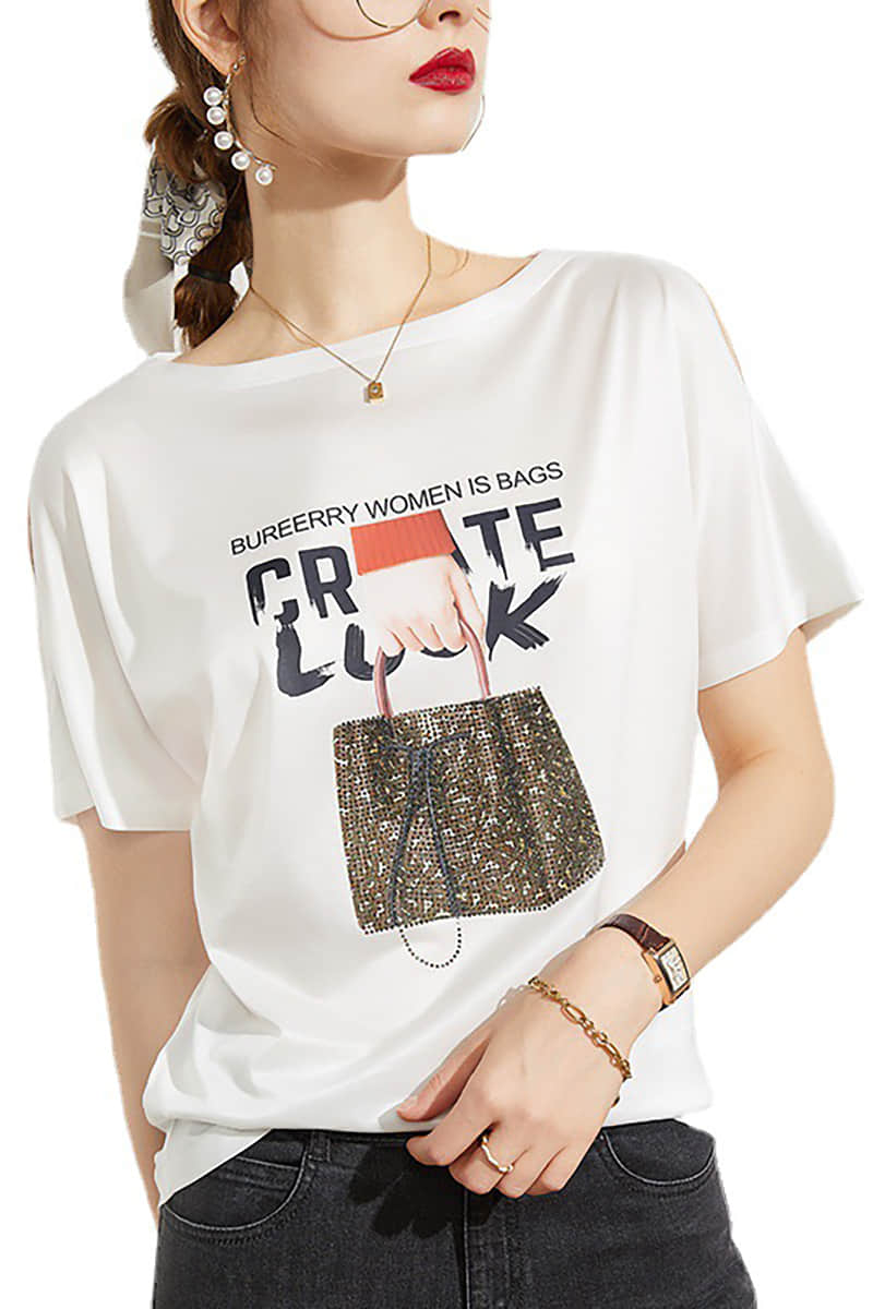 Loose printed off-the-shoulder T-shirt  | YonPop